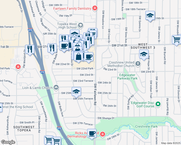 map of restaurants, bars, coffee shops, grocery stores, and more near 5232 Southwest 23rd Street in Topeka
