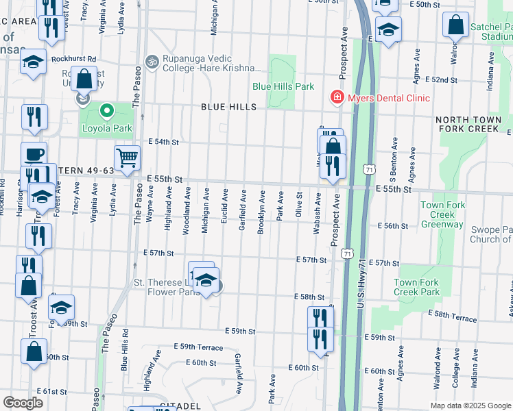 map of restaurants, bars, coffee shops, grocery stores, and more near 5528 Brooklyn Avenue in Kansas City