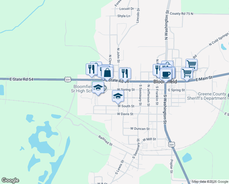 map of restaurants, bars, coffee shops, grocery stores, and more near 435 West Spring Street in Bloomfield