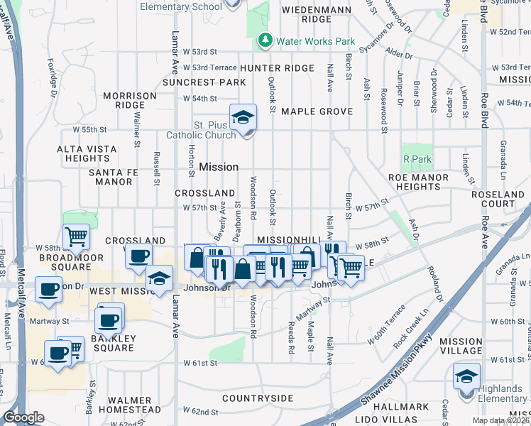 map of restaurants, bars, coffee shops, grocery stores, and more near 5803 West 57th Street in Mission