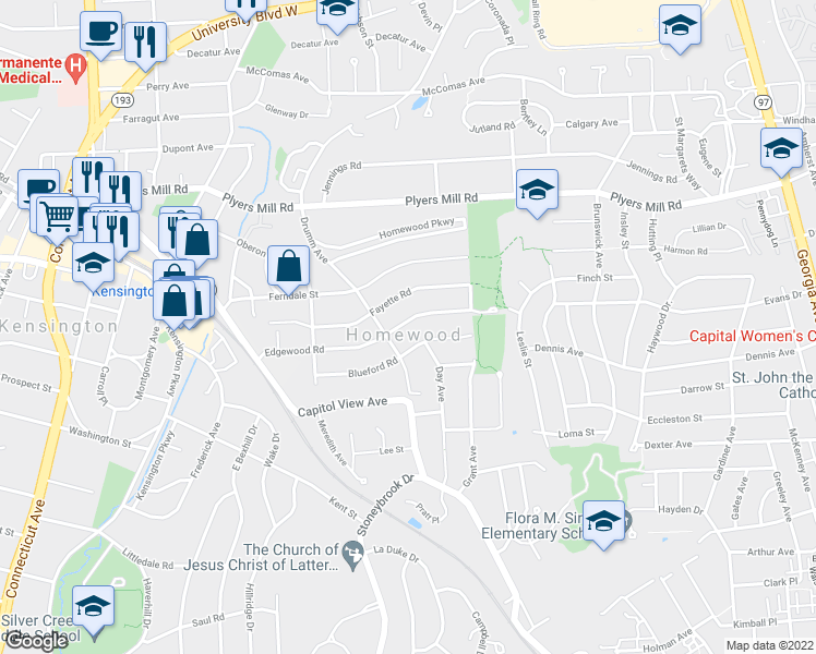 map of restaurants, bars, coffee shops, grocery stores, and more near 3106 Edgewood Road in Kensington