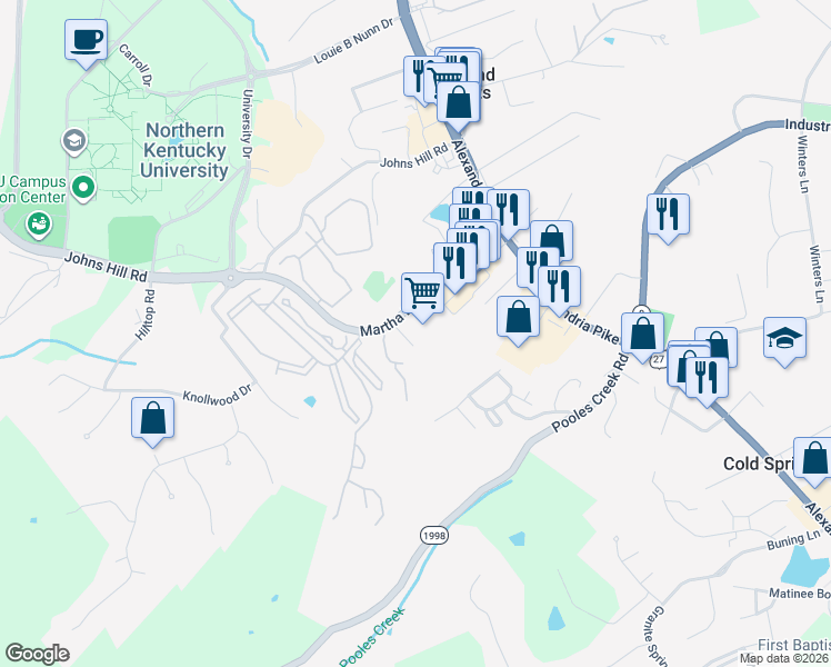map of restaurants, bars, coffee shops, grocery stores, and more near 70 Martha Layne Collins Boulevard in Cold Spring