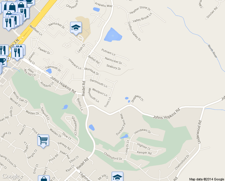map of restaurants, bars, coffee shops, grocery stores, and more near 917 Truro Ln in Crofton