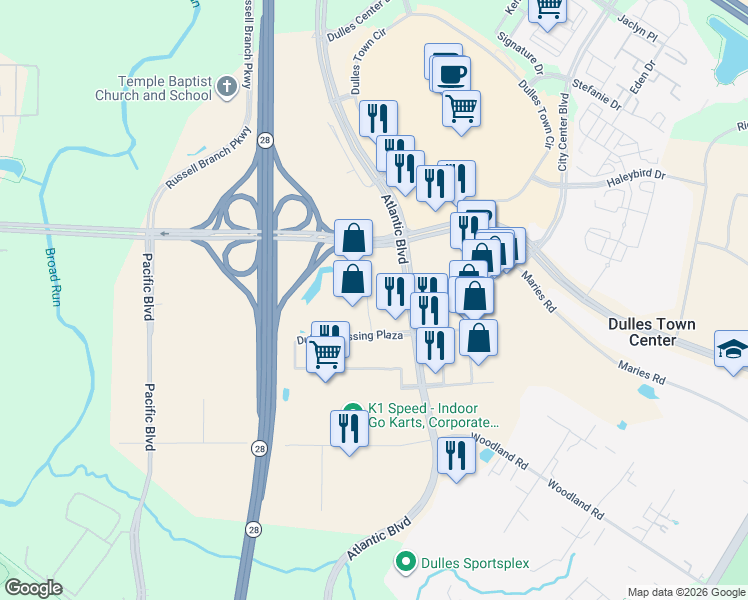 map of restaurants, bars, coffee shops, grocery stores, and more near 45430 Dulles Crossing Plaza in Sterling