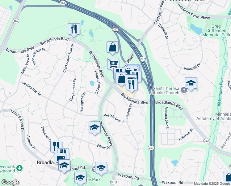 map of restaurants, bars, coffee shops, grocery stores, and more near 21360 Shady Wood Terrace in Broadlands