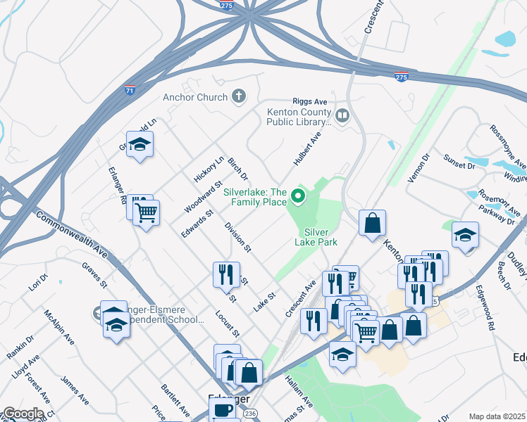 map of restaurants, bars, coffee shops, grocery stores, and more near 3151 Hulbert Avenue in Erlanger