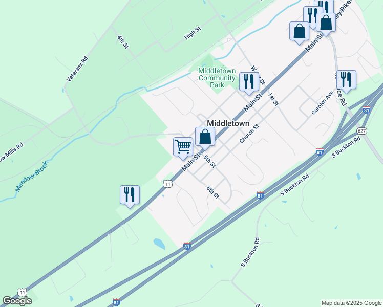 map of restaurants, bars, coffee shops, grocery stores, and more near 8021 Main St in Middletown