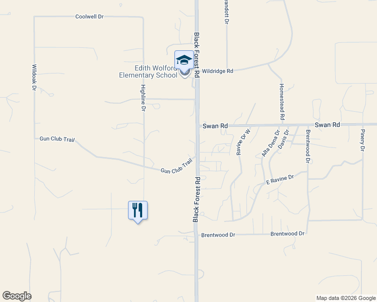 map of restaurants, bars, coffee shops, grocery stores, and more near 6770 Gun Club Trail in Colorado Springs