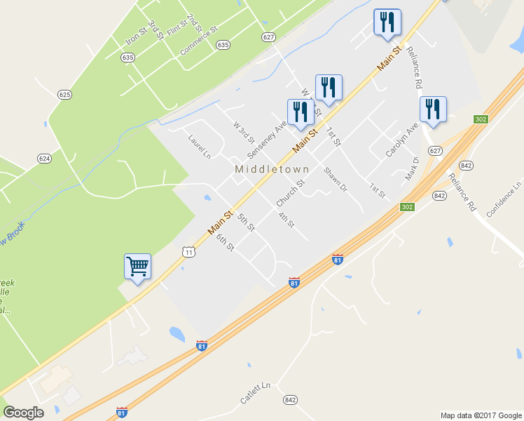 map of restaurants, bars, coffee shops, grocery stores, and more near 7967 Church Street in Middletown