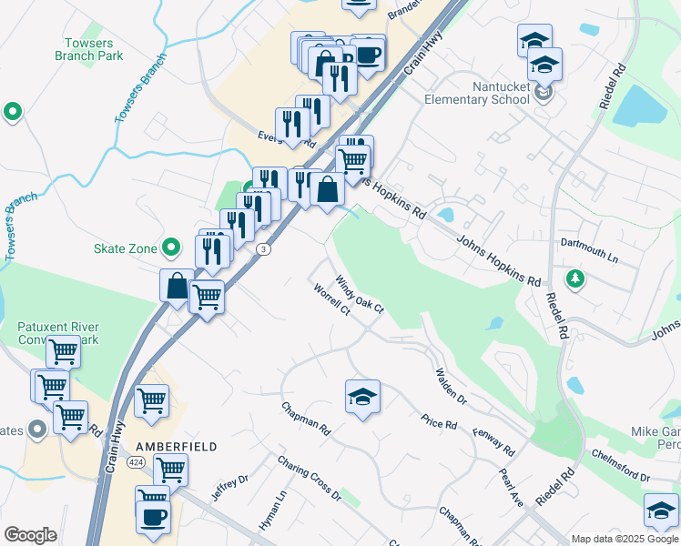 map of restaurants, bars, coffee shops, grocery stores, and more near 2584 Windy Oak Court in Crofton