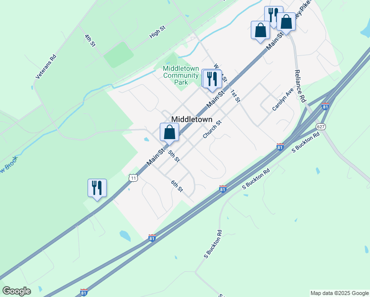map of restaurants, bars, coffee shops, grocery stores, and more near 7967 Church Street in Middletown