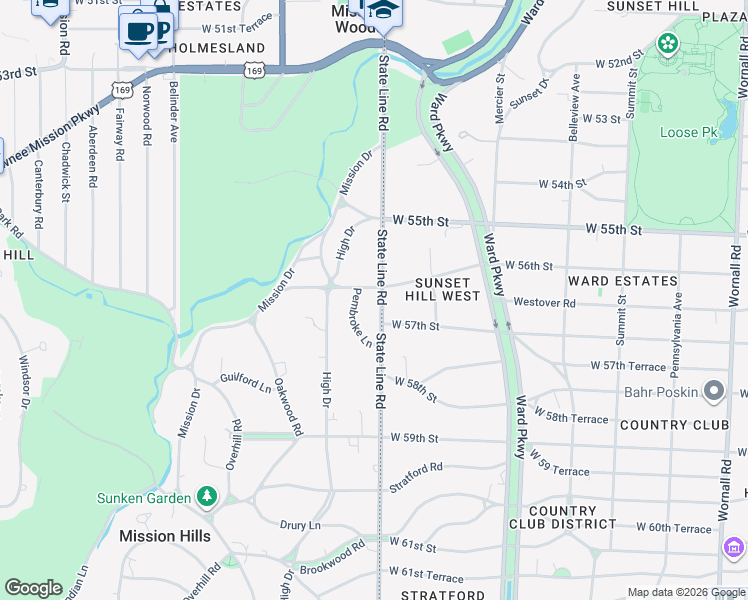 map of restaurants, bars, coffee shops, grocery stores, and more near 5600 State Line Road in Mission Hills