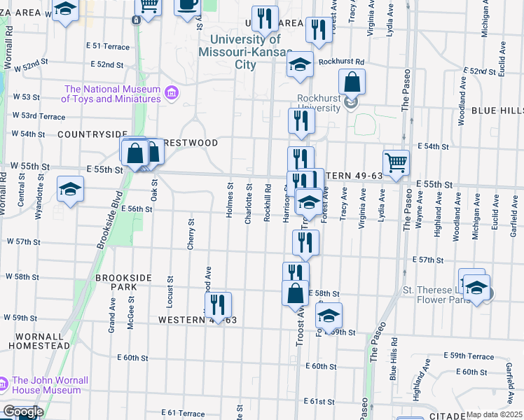 map of restaurants, bars, coffee shops, grocery stores, and more near 5544 Rockhill Road in Kansas City