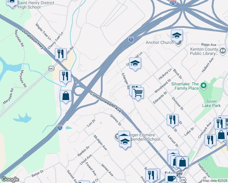 map of restaurants, bars, coffee shops, grocery stores, and more near 3422 Cintonya Drive in Erlanger