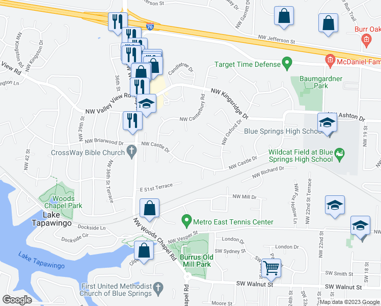 map of restaurants, bars, coffee shops, grocery stores, and more near 704 Northwest Stratford Place in Blue Springs