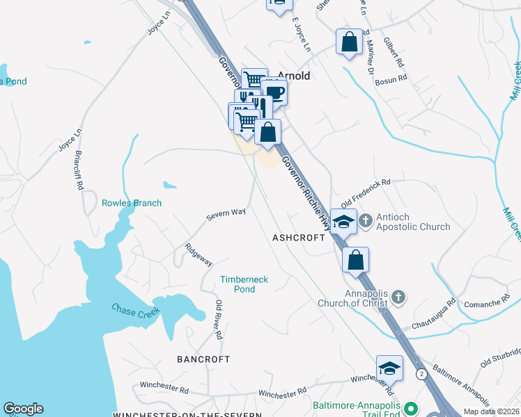 map of restaurants, bars, coffee shops, grocery stores, and more near 1445 Grandview Road in Arnold