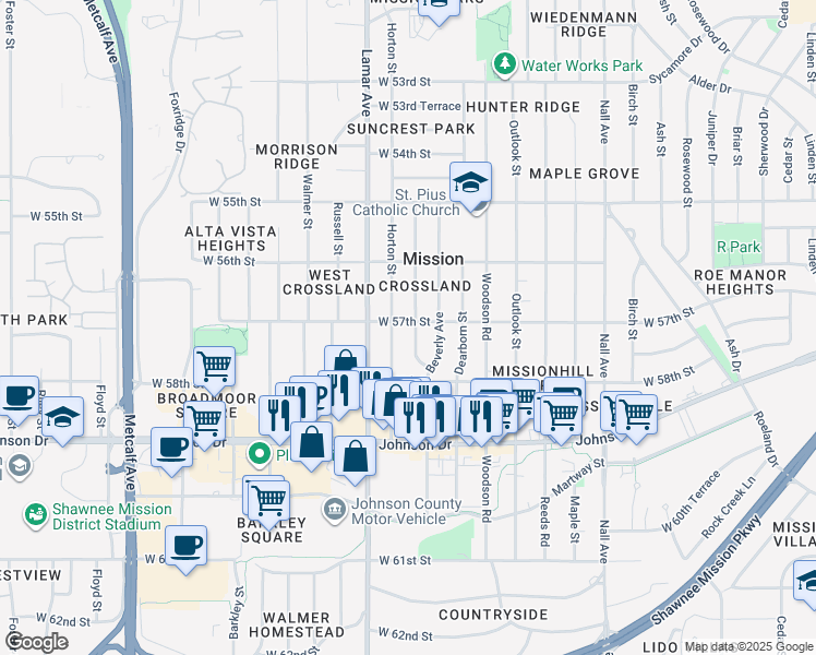 map of restaurants, bars, coffee shops, grocery stores, and more near 5706 Horton Street in Mission