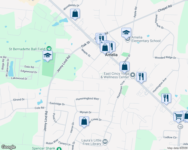 map of restaurants, bars, coffee shops, grocery stores, and more near 45 Floral Avenue in Amelia
