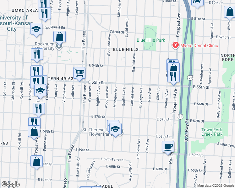 map of restaurants, bars, coffee shops, grocery stores, and more near 5533 Michigan Avenue in Kansas City
