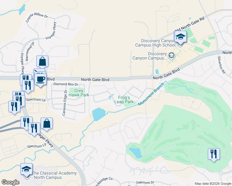 map of restaurants, bars, coffee shops, grocery stores, and more near 13409 Crane Canyon Loop in Colorado Springs