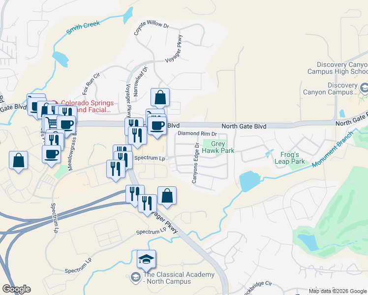 map of restaurants, bars, coffee shops, grocery stores, and more near 818 Spectrum Loop in Colorado Springs