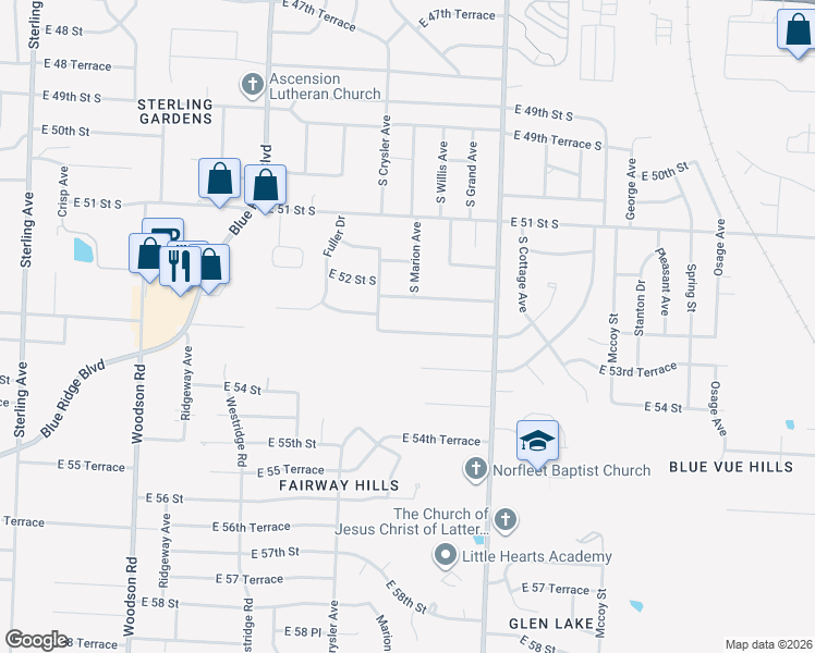 map of restaurants, bars, coffee shops, grocery stores, and more near 303 East 53rd Street in Kansas City