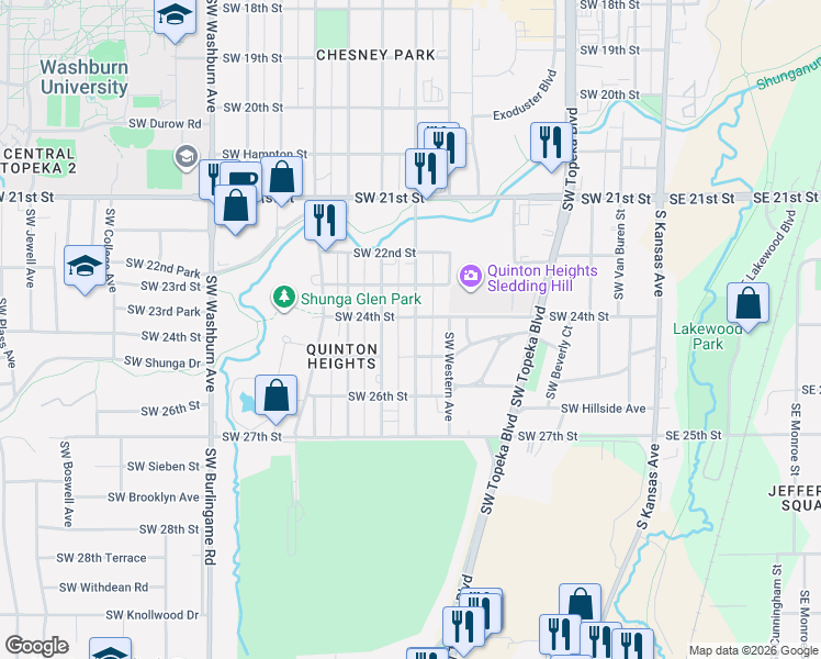 map of restaurants, bars, coffee shops, grocery stores, and more near 2415 Southwest Fillmore Street in Topeka