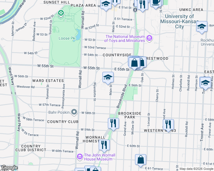 map of restaurants, bars, coffee shops, grocery stores, and more near 5600 Main Street in Kansas City