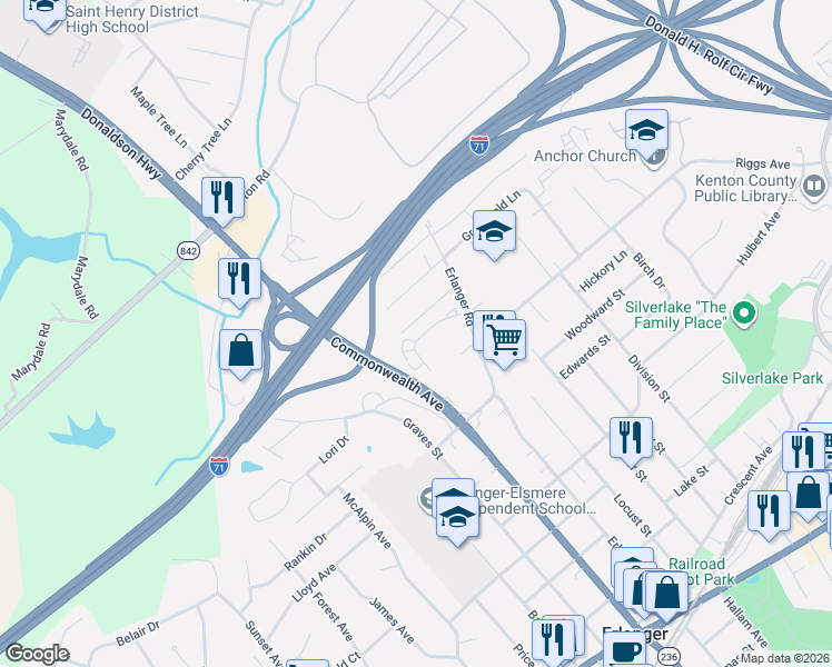 map of restaurants, bars, coffee shops, grocery stores, and more near 3422 Cintonya Drive in Erlanger