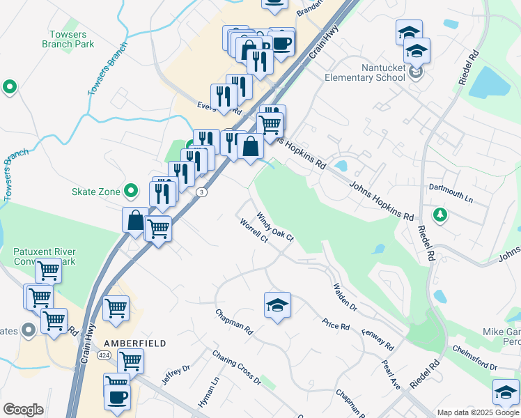 map of restaurants, bars, coffee shops, grocery stores, and more near 2584 Windy Oak Court in Crofton