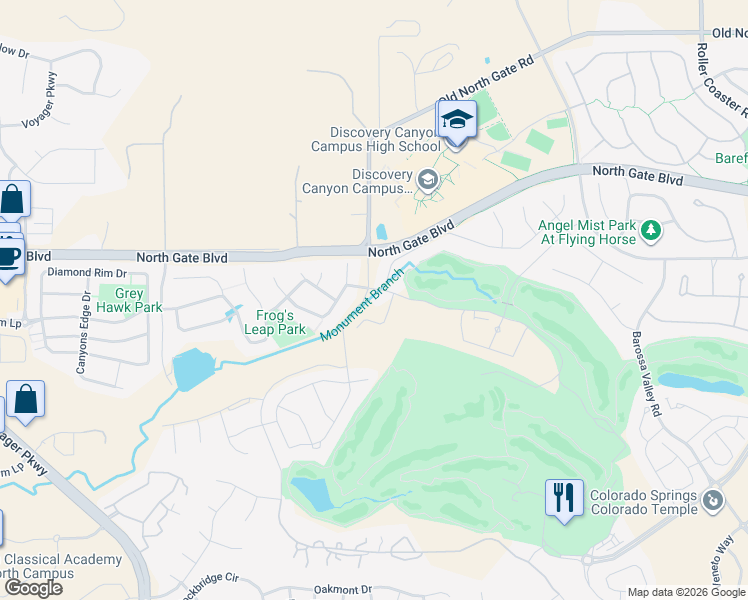 map of restaurants, bars, coffee shops, grocery stores, and more near 1615 Silversmith Road in Colorado Springs