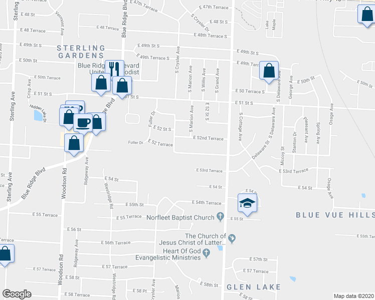 map of restaurants, bars, coffee shops, grocery stores, and more near 303 East 53rd Street in Kansas City