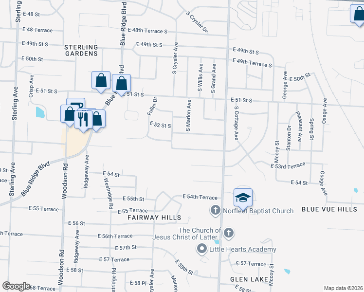 map of restaurants, bars, coffee shops, grocery stores, and more near 303 East 53rd Street in Kansas City