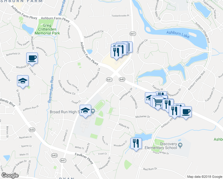 map of restaurants, bars, coffee shops, grocery stores, and more near 21347 Sawyer Square in Ashburn