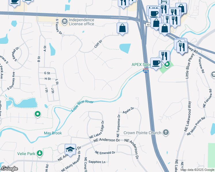 map of restaurants, bars, coffee shops, grocery stores, and more near 18201 East 51st Street Court South in Independence