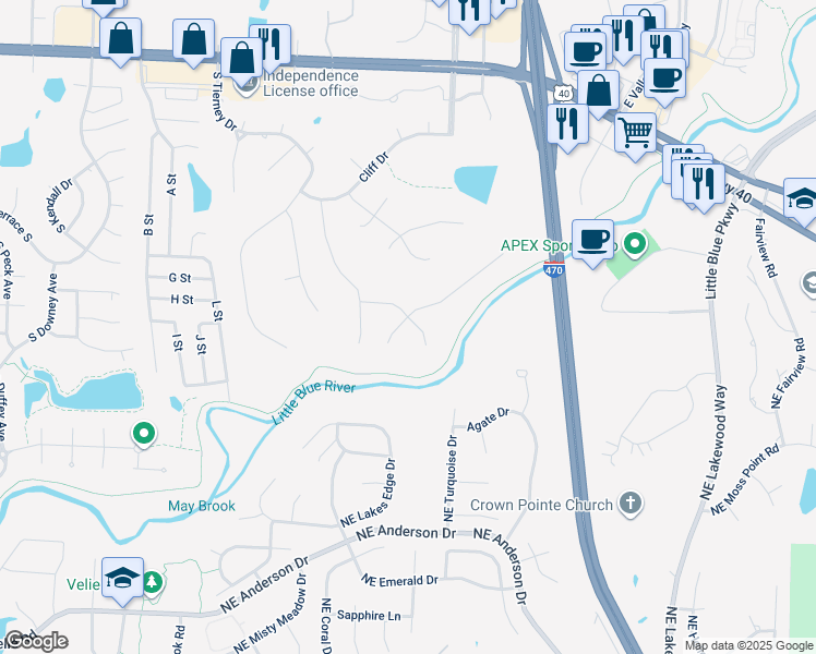 map of restaurants, bars, coffee shops, grocery stores, and more near 18201 East 51st Street Court South in Independence