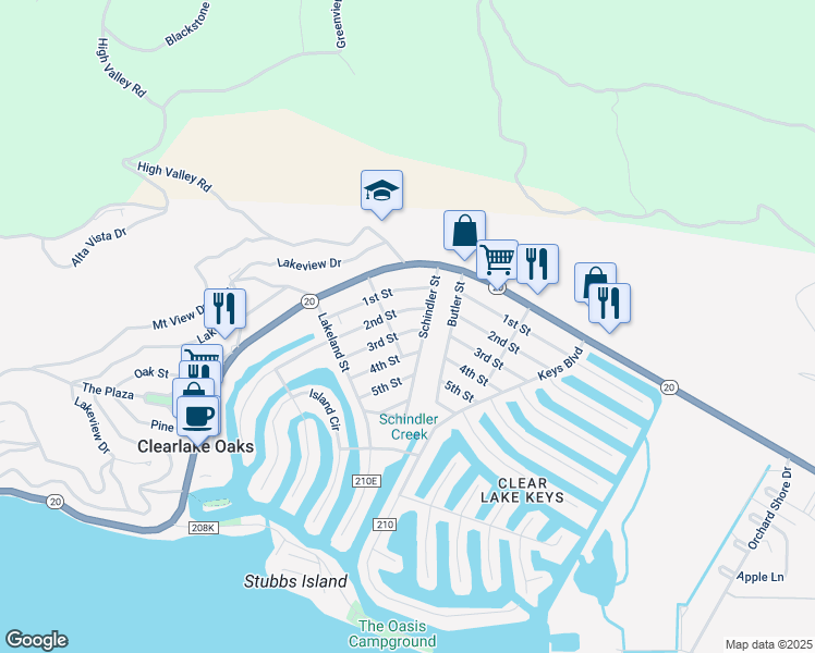 map of restaurants, bars, coffee shops, grocery stores, and more near 12958 3rd Street in Clearlake Oaks