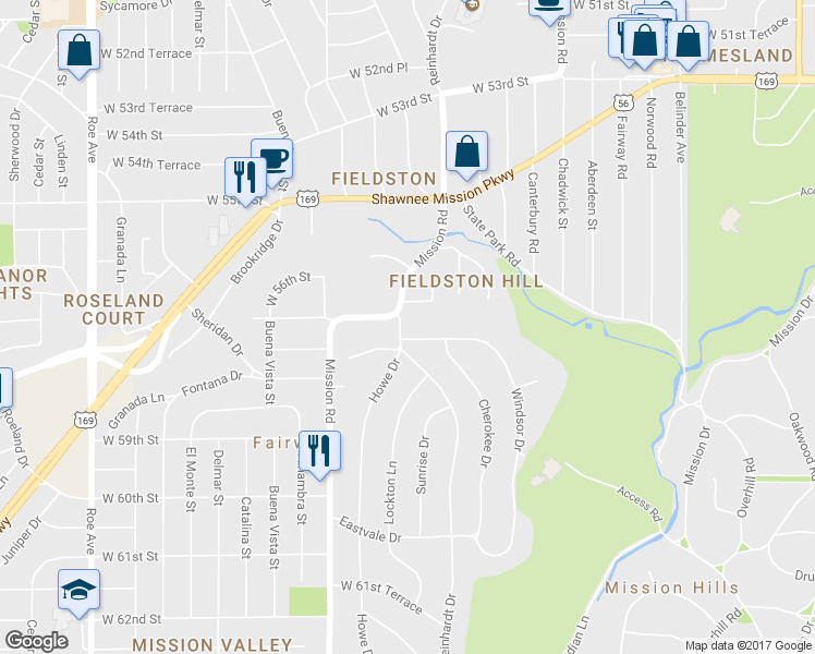 map of restaurants, bars, coffee shops, grocery stores, and more near 5705 Reinhardt Drive in Fairway