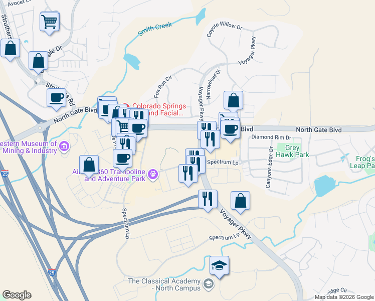 map of restaurants, bars, coffee shops, grocery stores, and more near 350 Spectrum Loop in Colorado Springs