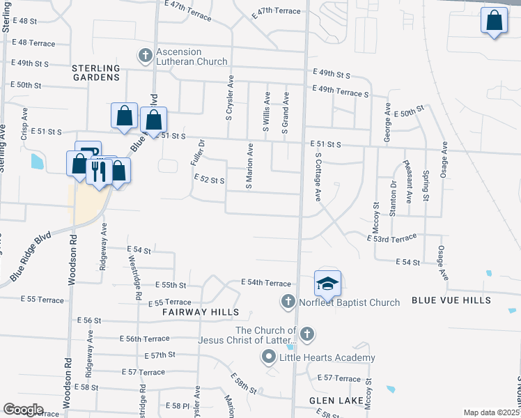 map of restaurants, bars, coffee shops, grocery stores, and more near 12308 East 53rd Street in Kansas City