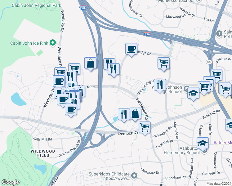 map of restaurants, bars, coffee shops, grocery stores, and more near 3805 Rockledge Drive in Bethesda