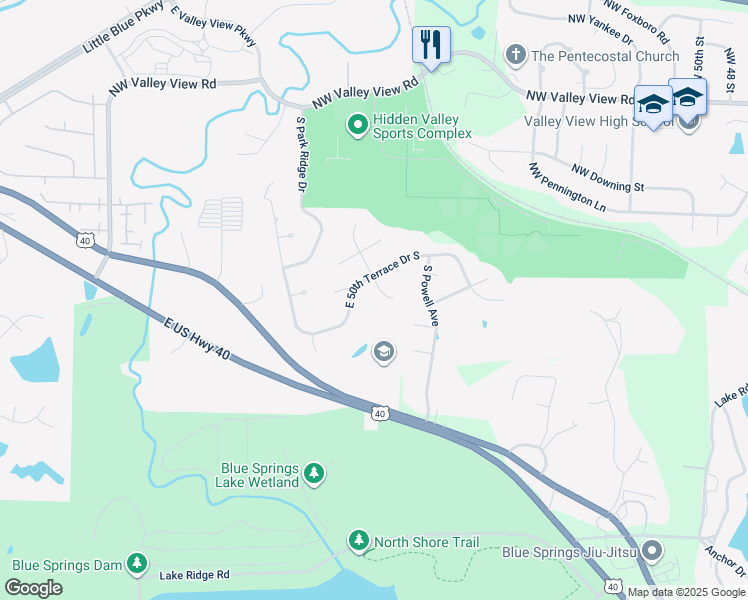 map of restaurants, bars, coffee shops, grocery stores, and more near 5116 South Necessary Court in Blue Springs