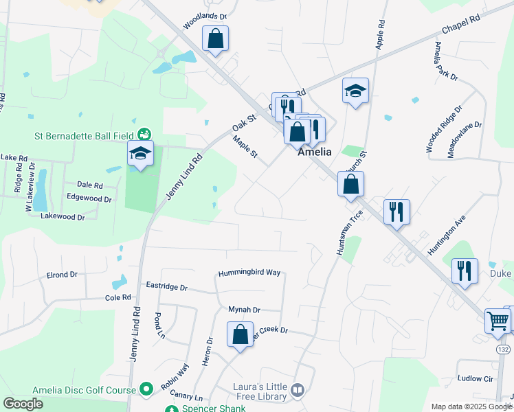 map of restaurants, bars, coffee shops, grocery stores, and more near 4 Depot Court in Amelia