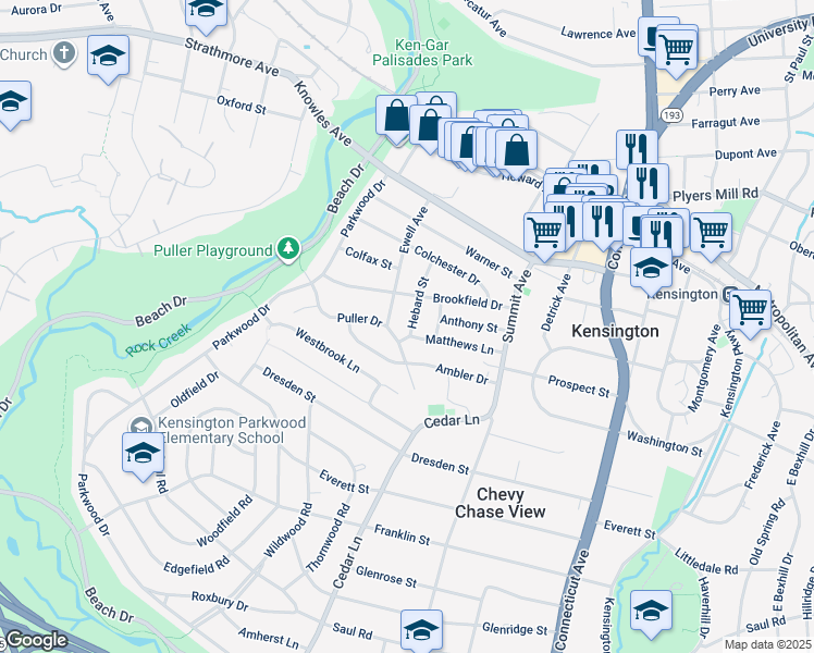 map of restaurants, bars, coffee shops, grocery stores, and more near 10404 Hebard Street in Kensington
