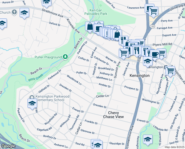 map of restaurants, bars, coffee shops, grocery stores, and more near 10404 Hebard Street in Kensington
