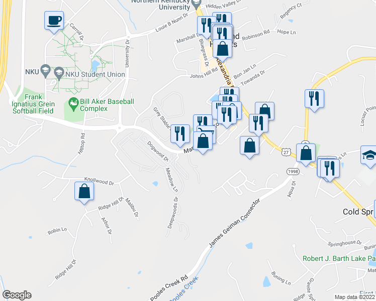 map of restaurants, bars, coffee shops, grocery stores, and more near 70 Martha Layne Collins Boulevard in Cold Spring