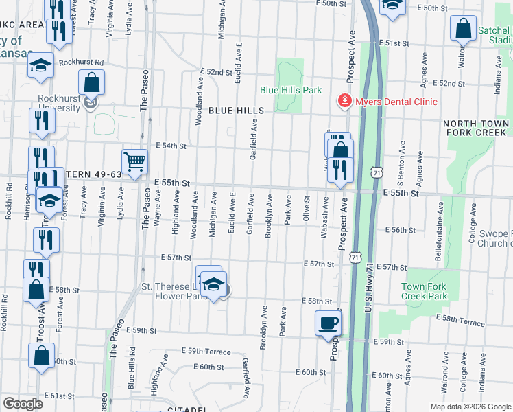 map of restaurants, bars, coffee shops, grocery stores, and more near 5528 Brooklyn Avenue in Kansas City