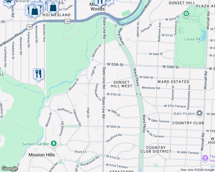 map of restaurants, bars, coffee shops, grocery stores, and more near 1247 West 56th Street in Kansas City