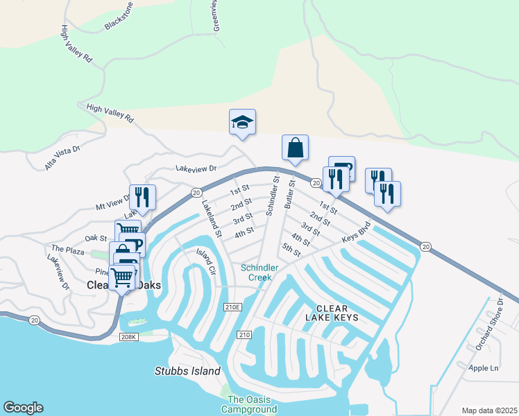 map of restaurants, bars, coffee shops, grocery stores, and more near 12958 3rd Street in Clearlake Oaks