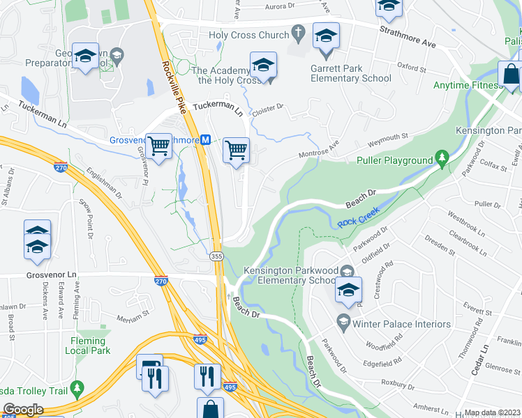 map of restaurants, bars, coffee shops, grocery stores, and more near 10317 Montrose Avenue in Bethesda